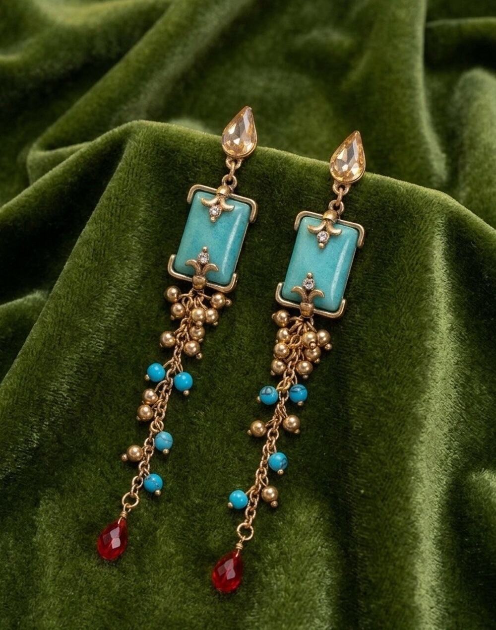 Antique Museum Earrings Turquoise Medieval VTG Court Flower Teardrop Revival CZ